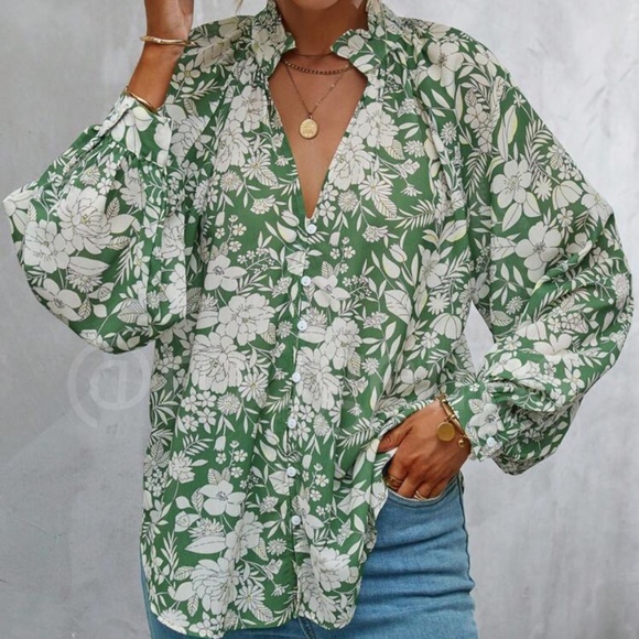 Floral Print Green White Button Down Shirt Bishop Long Sleeve - Picture 7 of 11